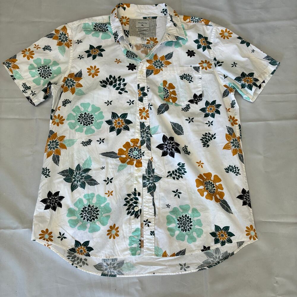 Quiksilver Men’s White Blue Floral Button Shirt US XL Modern Fit 100% Cotton